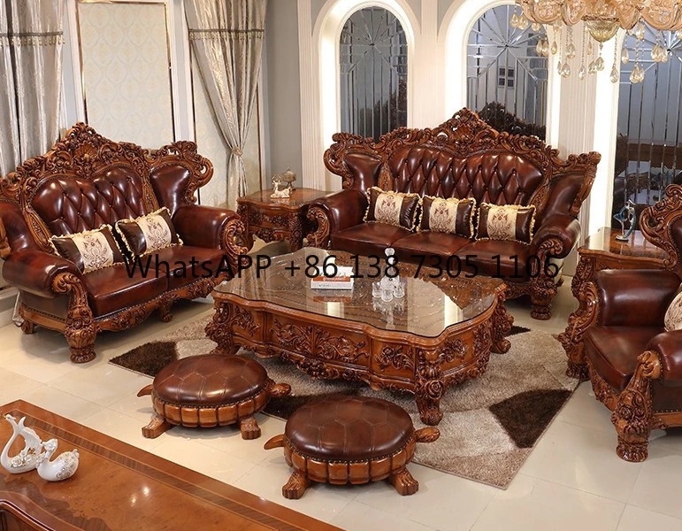 

European leather sofa solid wood carving flower high-end retro living room u-shaped combination luxury villa furniture