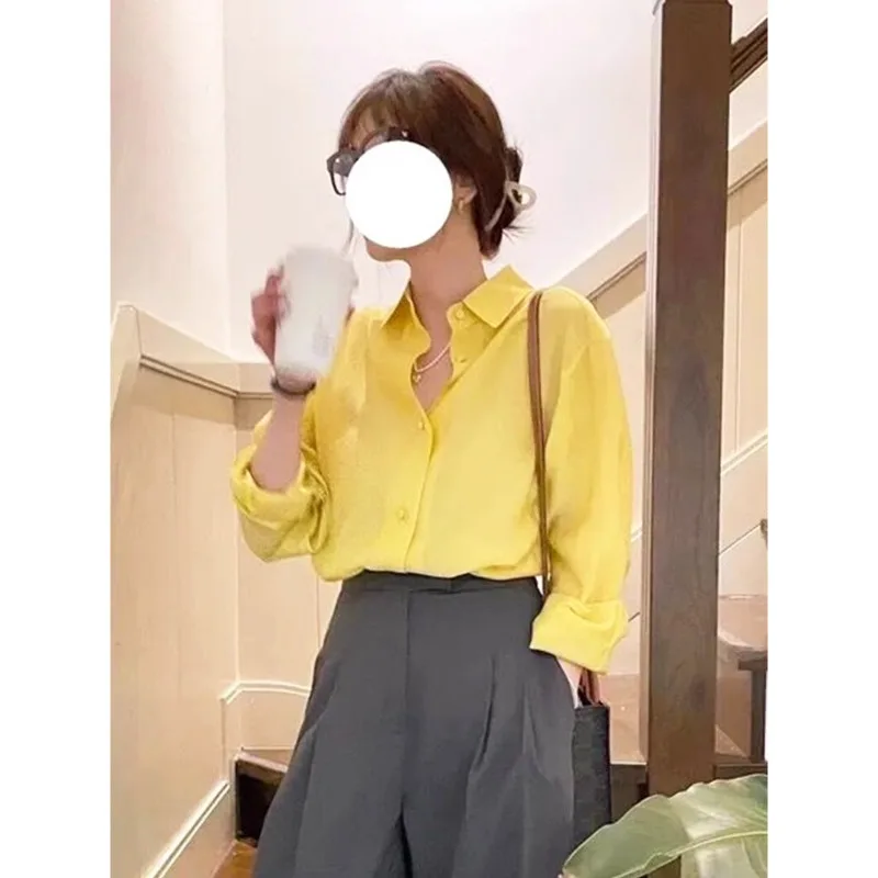 Camisas de manga larga de Color sólido a la moda para mujer, Tops coreanos simples con solapa de un solo pecho, blusa básica para ir al trabajo para primavera y otoño