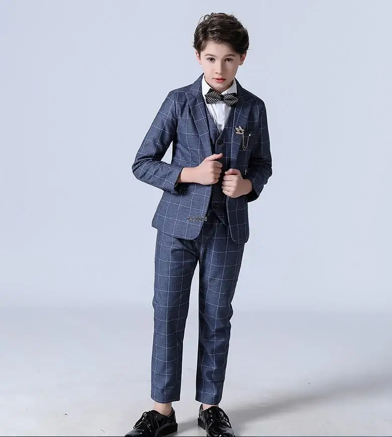 

Flower Boys Wedding Dress Children Formal Plaid Suit Kids Blazer Vest Pant 3PCS For Photography Child British Style Show Costume