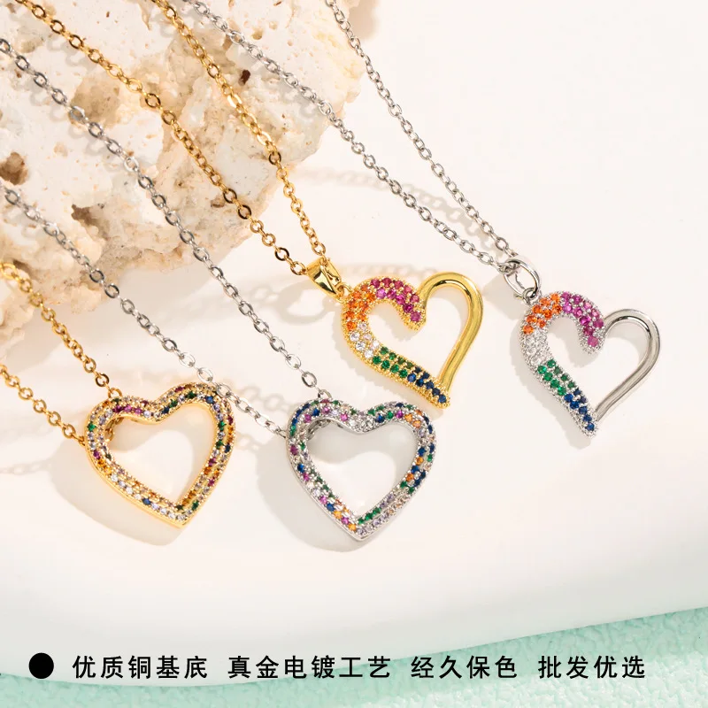 2026 New Fully Inlaid Colorful Zirconium Heart-shaped Pendant with Hollowed Out Peach Heart, Versatile Temperament Accessory