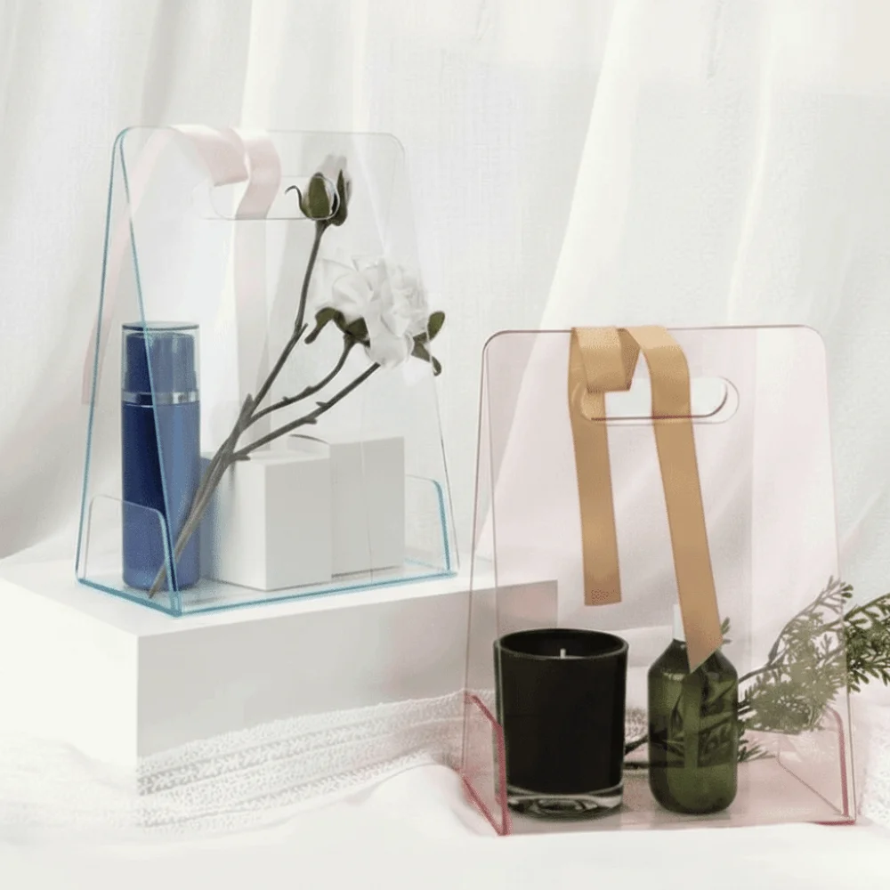 

Acrylic Handheld Flower Box with Handles Reusable Gift Wrapping Bags Decorative Vase Transparent Tote Bags