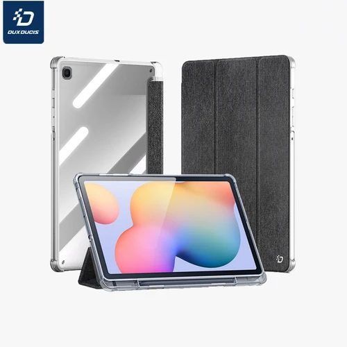 DUX DUCIS 시니어 PU 가죽 투명 후면 커버, 삼성 탭 S6 라이트 2022 충격 방지 펜 슬롯, 트라이폴드 스탠드 보호 커버