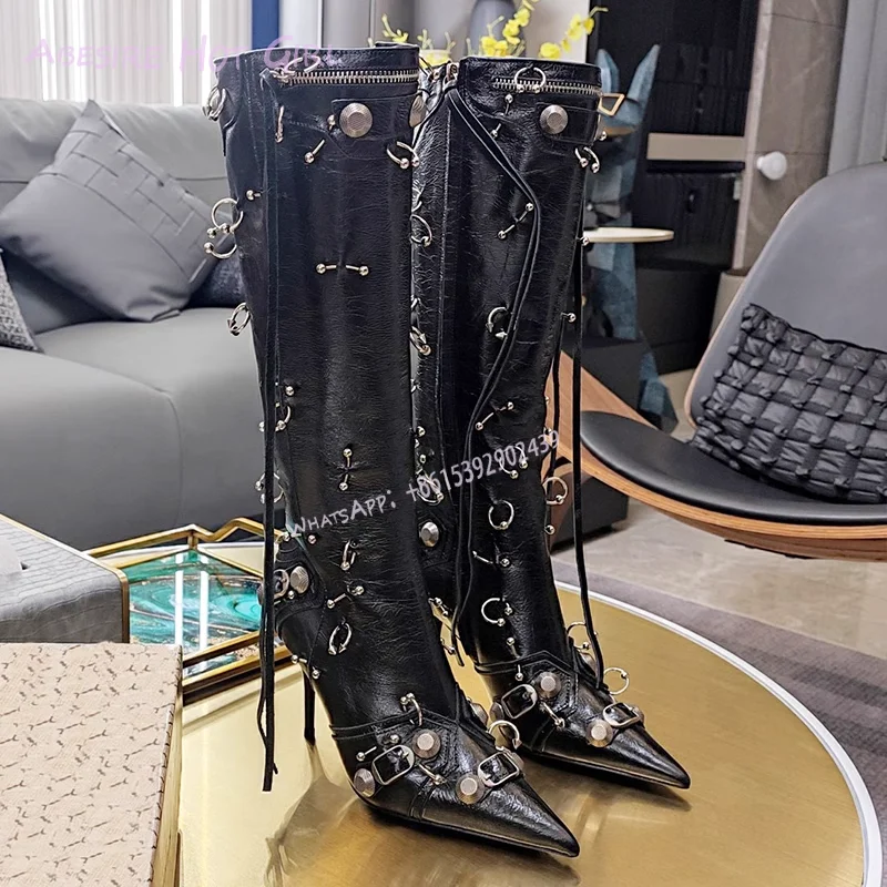 Pointed Stud Silver Metallic Stiletto Boot Women Fringe Black Leather Heel Zipper Lock Street Catwalk Knee Booties Girls Shoes