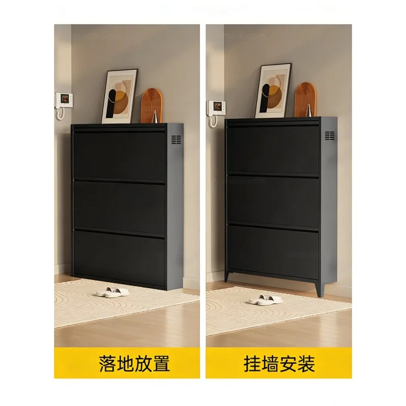 Ultra-thin shoe cabinet integrated with the door of the home against the wall, small narrow metal steel upgraded breathable