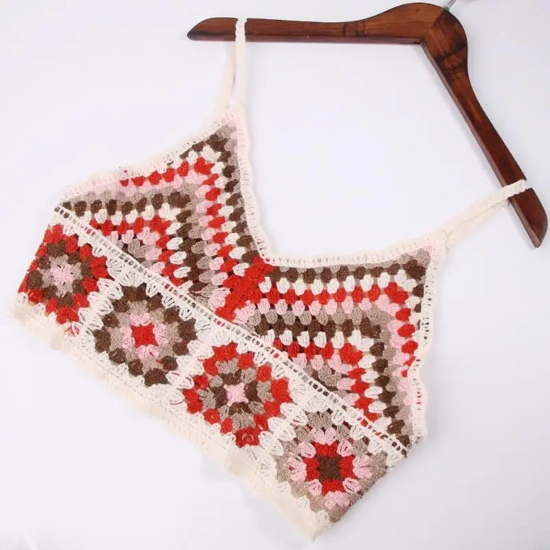 

P88A Women Summer Crochet Knit Crop Top Ethnic Vintage Embroidery Colorblock Geometric Beach Camisole Vest