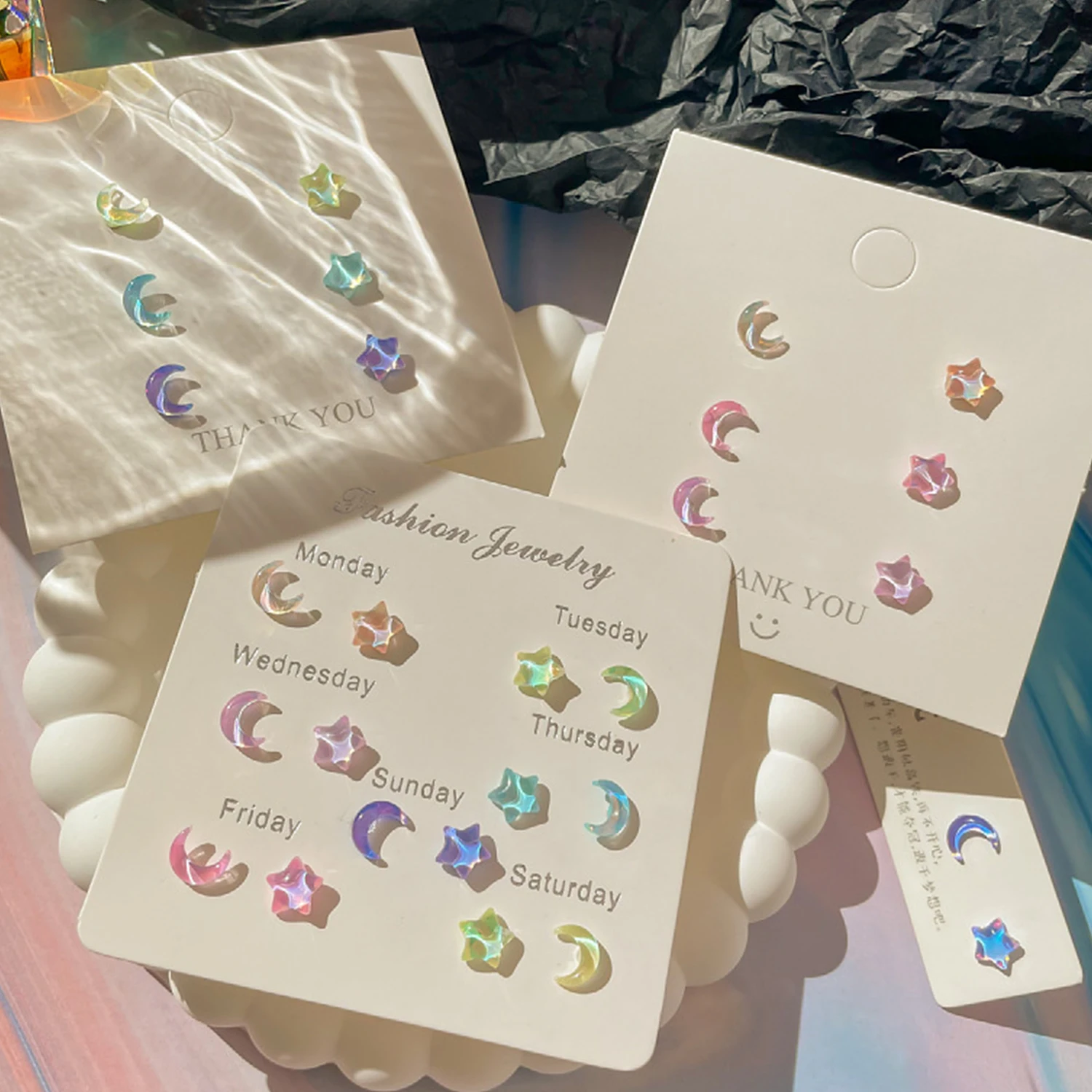 1 Pair Fantastic Fairy Colorful Star Moon Stud Earrings Women  Pink Purple Transparent Cute Earring 2024 New Jewelry Girls Gift