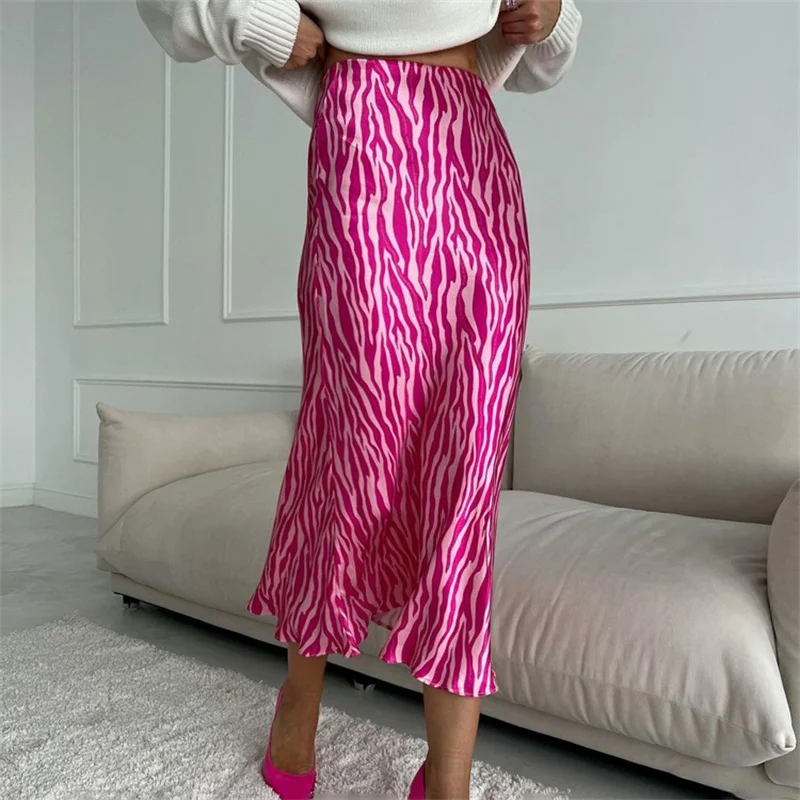 Fashion Slim Zebra Print Women's Skirt Bodycon High Waist Long Fishtail Skirt Streetwear Elegant Satin A-Line Skirts for Women