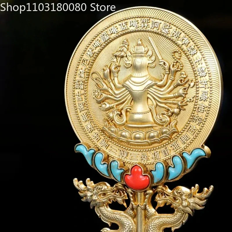19cm Tibetan Gilt Brass Cundi Mirror Buddhist Ritual Religious Tool Altar Home Decor