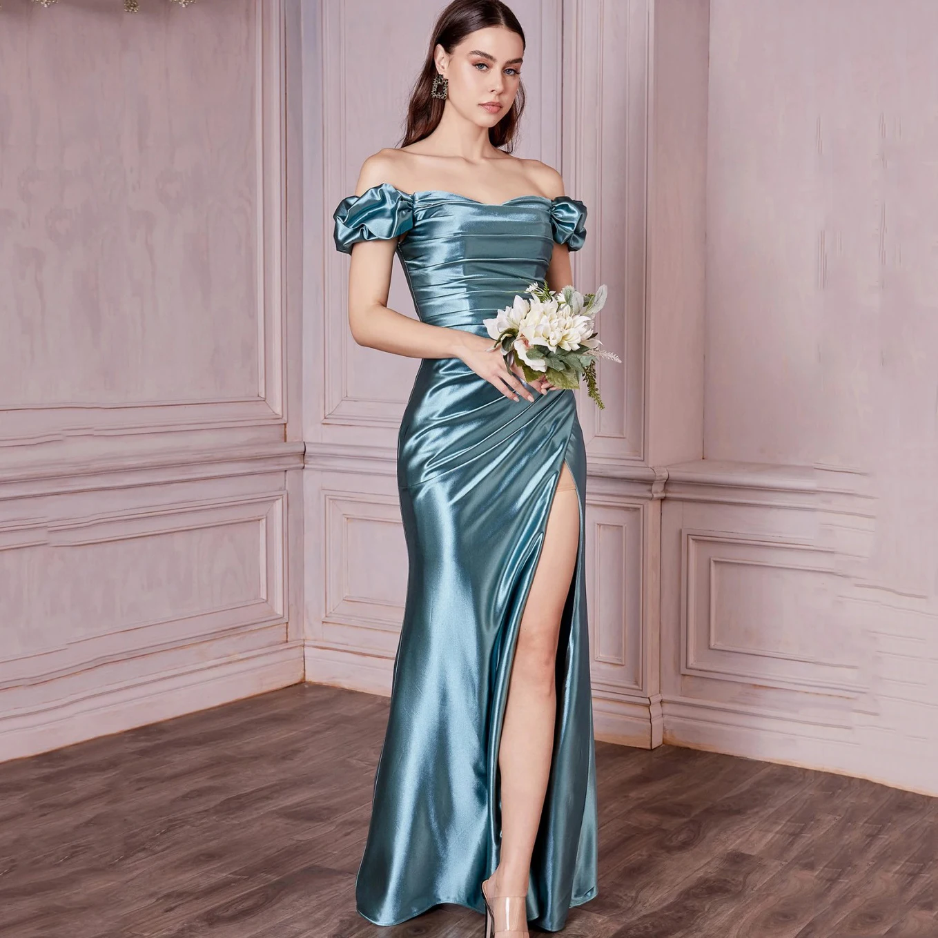 

Smooth Taffeta Dress Off Shoulder Folds Evening Dresses For Women Elegant Dress With Slit Soft Satin Women Clothing Zipper