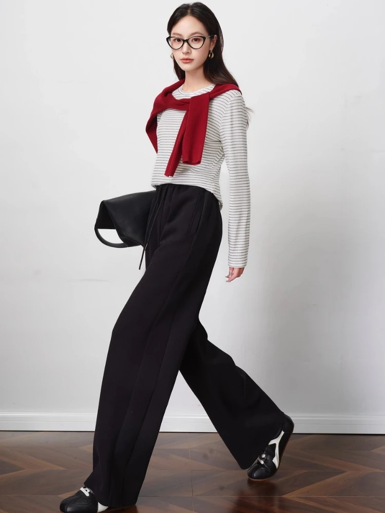 OLrain Women's Casual Pants Solid Basics Wide Leg Pants 2025 Autumn New Loose Elastic Waist Versatile Trouser Female O57QK001321