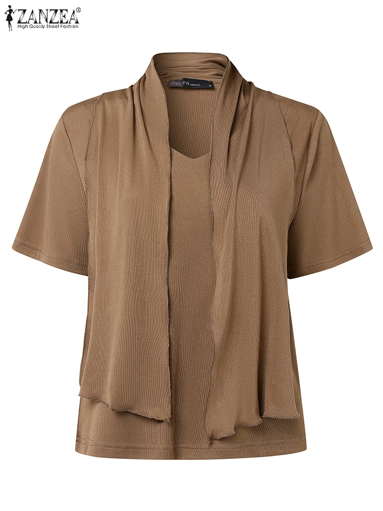 

ZANZEA 2025 Повседневная вязаная блузка Blusas, женская винтажная блузка, шарф с короткими рукавами, топы, однотонный пуловер, модный оверсайз с v-образным вырезом