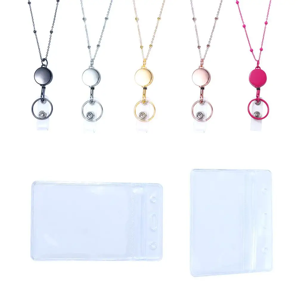 Office Supplies Name Card Keychain DIY Beaded Lanyard Badge Holder Necklace with ID Card Holders Retractable Badge Reel Lanyard