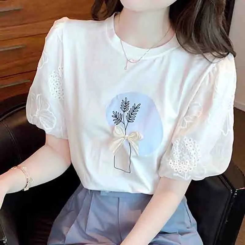 New Splicing Lace Short Sleeve Women\'s T-shirts Cotton Casual Summer White Women Tshirts Sweet Woman Tops Floral Clothes 8545