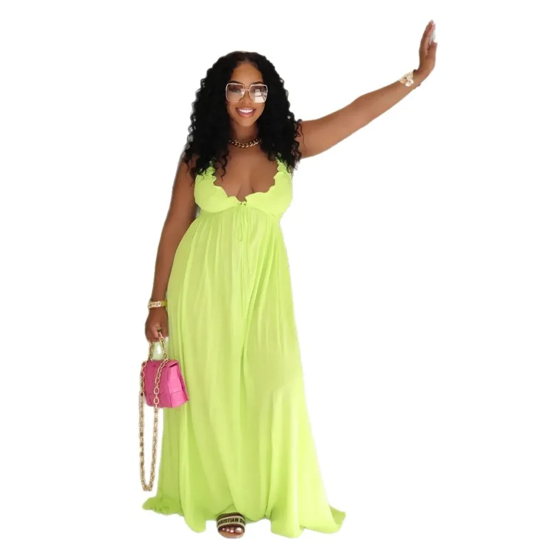 

African Dresses for Women Summer Sexy Sleeveless V-neck Polyester Solid Color Long Maxi Dress Gowns Dashiki Africa Clothing