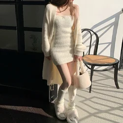 2024 Spring Korean two piece dress elegant  Knitted suit mini dress women luxury Sexy 2 piece sets white Cardigan two piece set