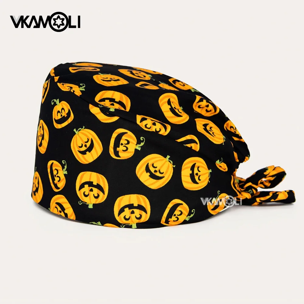 Halloween Pumpkin Skull Print caps adjustable lab hospital care Working Cap For Women Men scrub hat nurse medical scrub caps