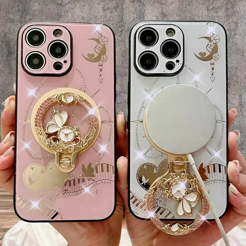 Блестящий бриллиантовый держатель с рисунком кролика Магнитный чехол для телефона iPhone 16 15 14 13 Pro Max с тонким отверстием Магнитный жесткий чехол для зарядки