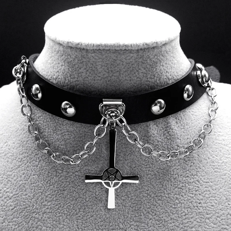 Harajuku Halsband Gothic Satan Inverted Cross Halskette Edelstahl PU Leder Cosplay Anime Halsketten Emo Goth Schmuck N8373 – Detail 10