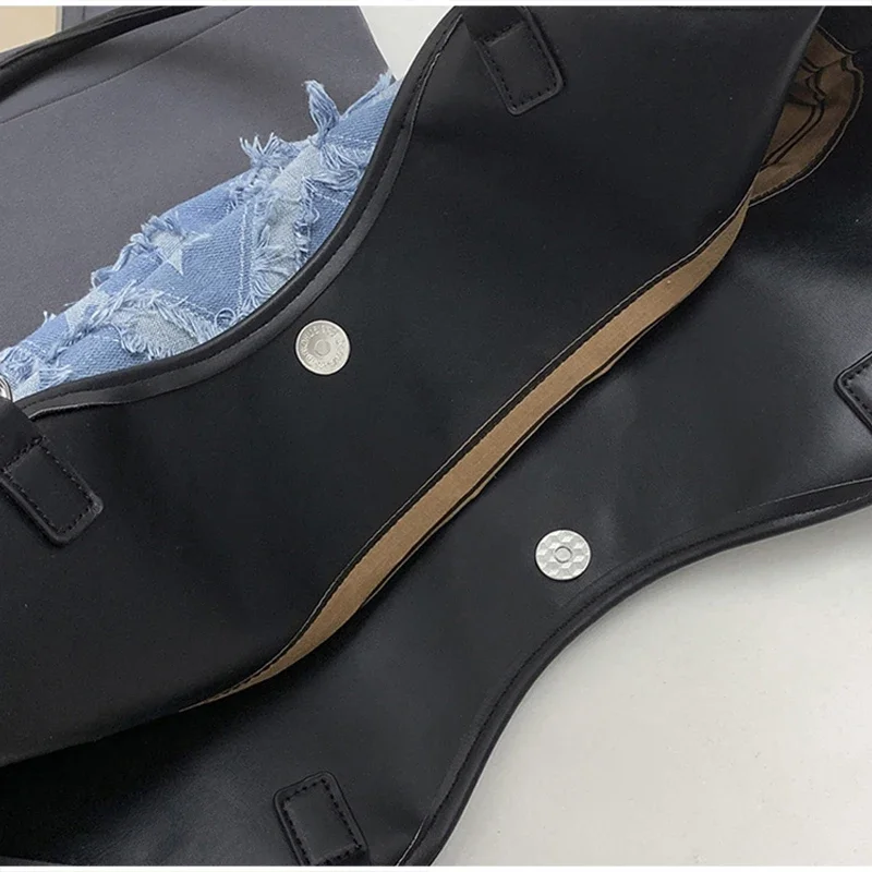 Denim Canvas Grid Umhängetasche, Damen-Umhängetasche mit großem Fassungsvermögen, lässiger, niedlicher Wald-Stil, Reisetasche, Handtasche für den täglichen Pendelverkehr, Blau – Detail 6