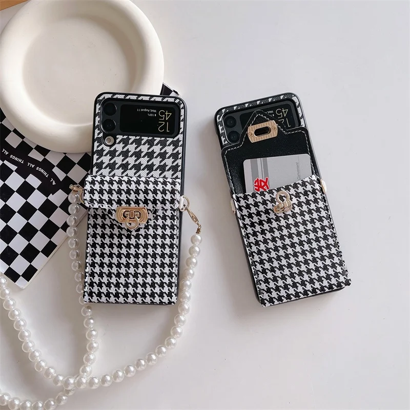 Luxury Fashion Card Bag Purse Crossbody Long Pearl Chain Houndstooth Leather Case Cover For Samsung Galaxy Z Flip 7 6 5 4 3 5G