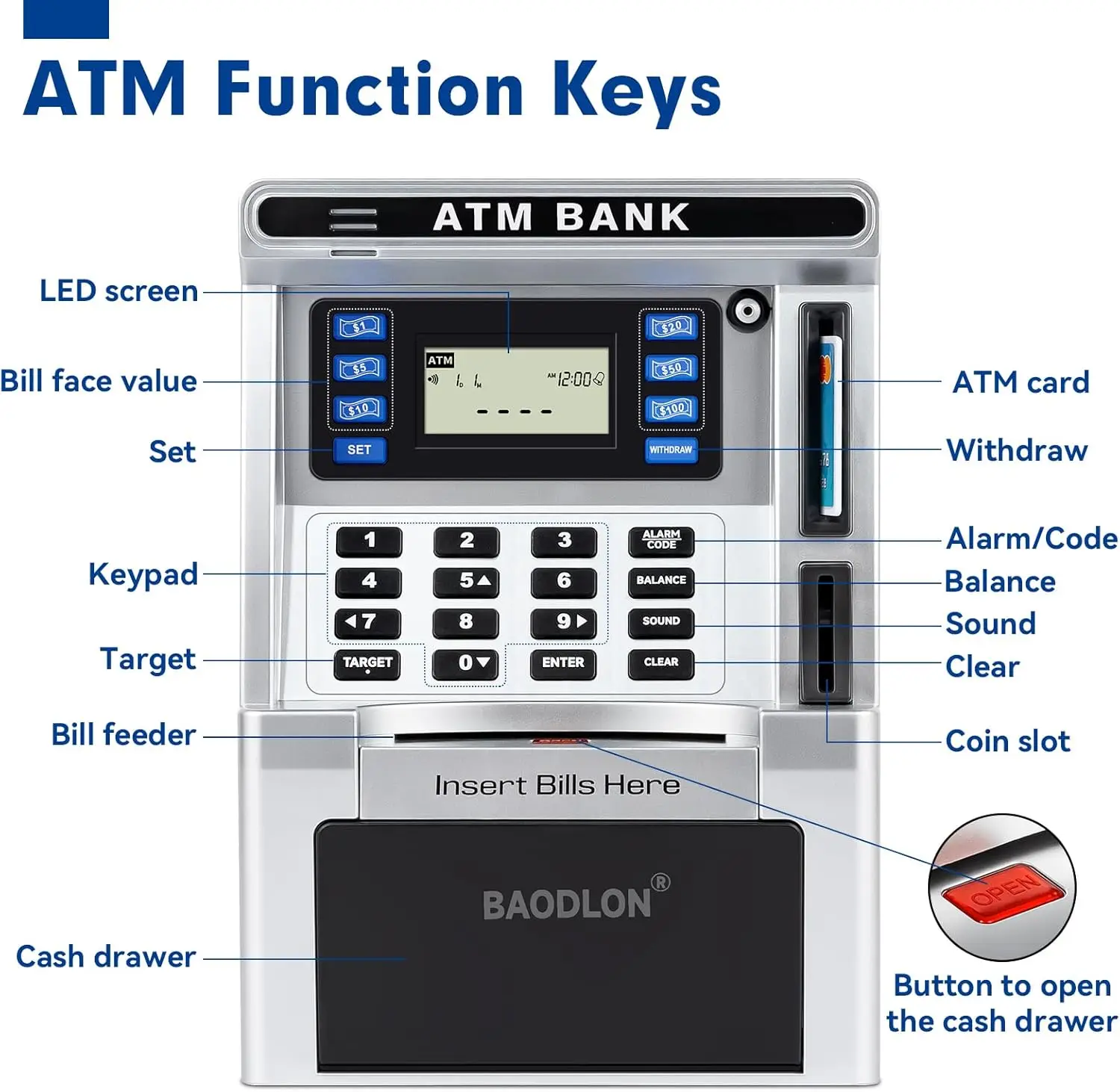 Kids ATM Piggy Bank for Real Money with Debit Card, Bill Feeder, Coin Recognition, Balance Calculator