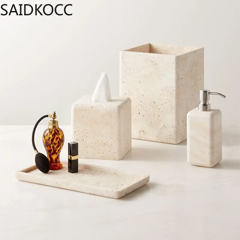 Travertine Set for Bathroom Soap Dispenser Toothbrush Holder Ashtray Aromatherapy Bottle Soap Dish Storage Tray