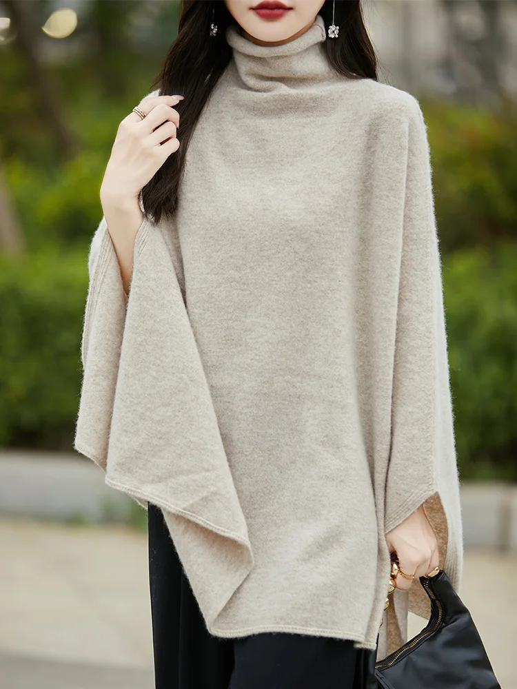 2024 Women's Cape Shawl, 100% Wool, Accessories, Warm, Elegant, Outdoor, Pile Collar, Tops, Korean Style, Autumn/Winter