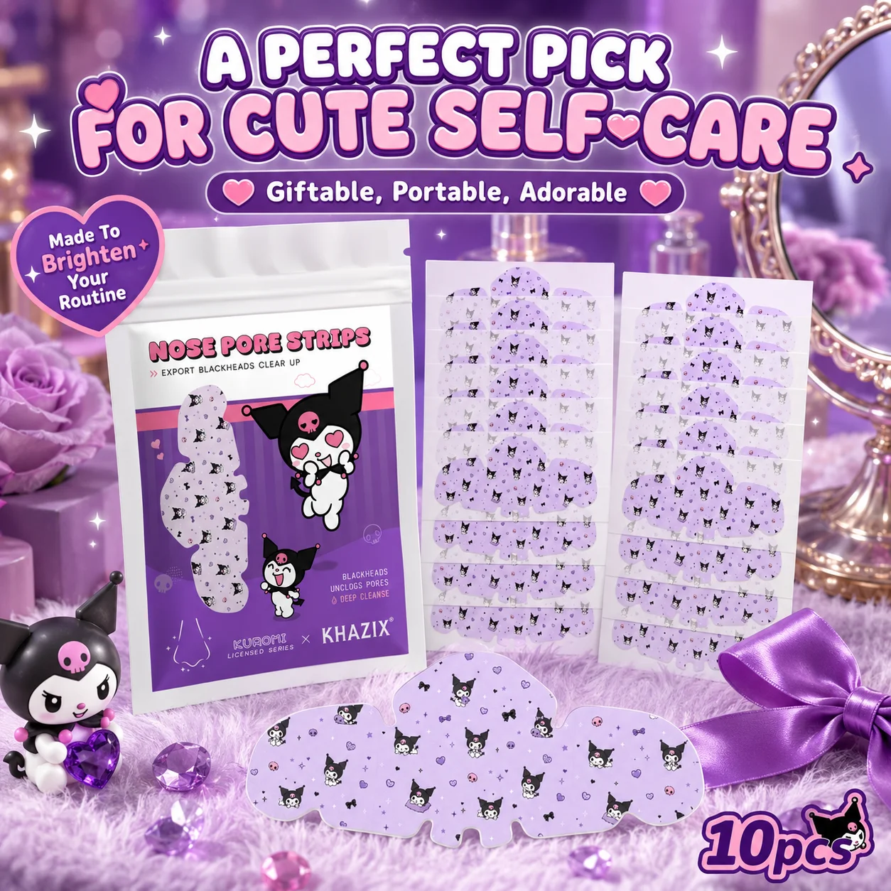 Sanrio Kuromi 130PCS Hydrocolloid Pimple Patch Set, 125Blemish Patches + 5 Nose Strips, Cute Face Stickers.