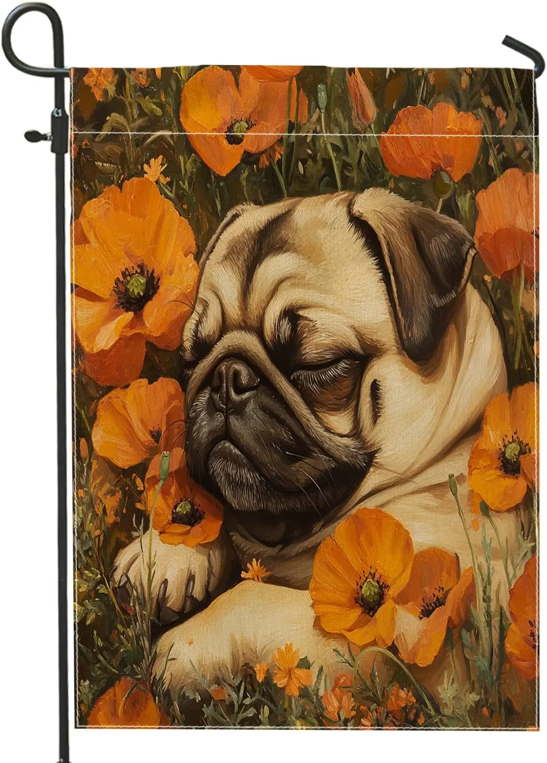Fall Pug Dog Garden Flags 12”x18” Double Sided for Outside, Funny Autumn Poppy Flowers Front Yard Backyard Vertical House Fl yyi