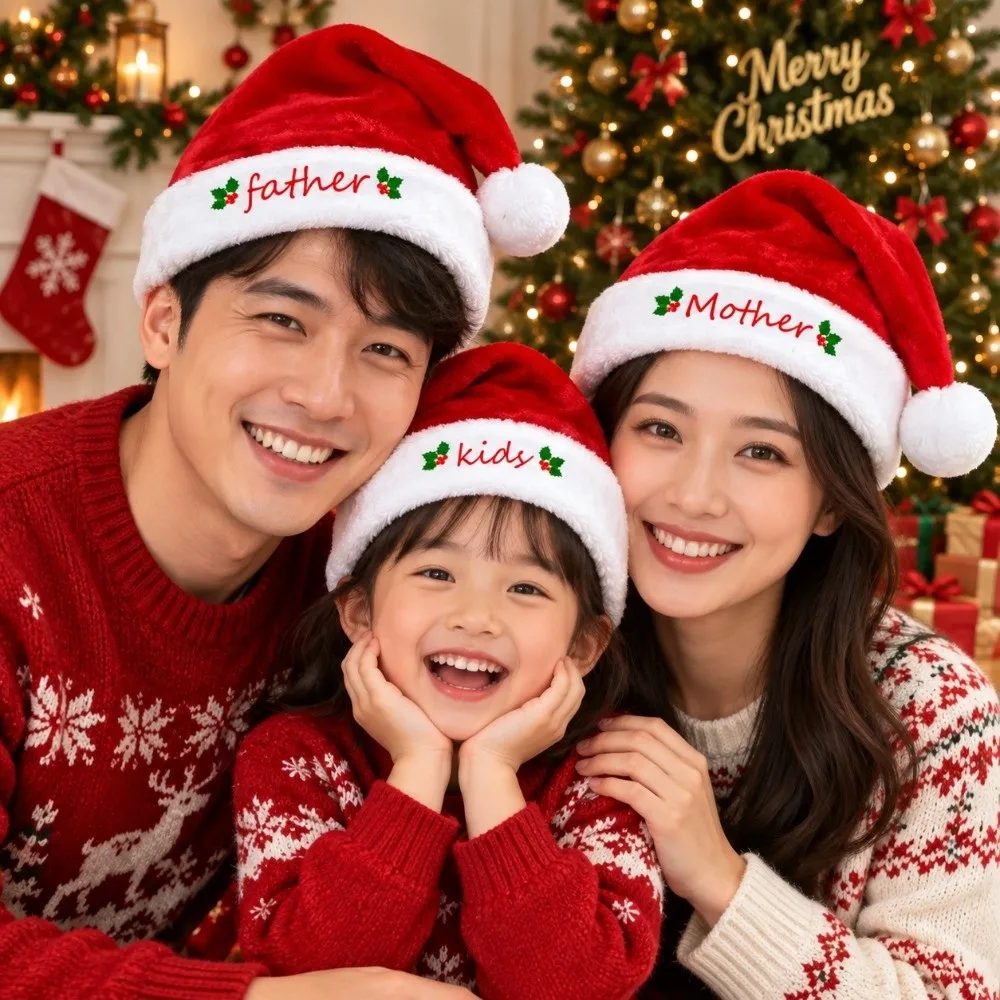 Mother Father Family Matching Santa Hat Embroidered Fluffy Christmas Santa Cap Thick Soft Parent-Unisex Santa Hat Home Decor