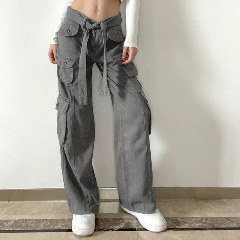 

Lugentolo Pockets Cargo Pants Women Streetwear Bottoms Casual trousers High Waist Drawstring Straight Wide Leg Clothing