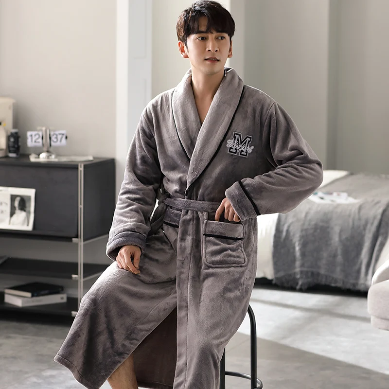 Newest Men Long Bath Robe Warm Super Soft Flannel Coral Fleece Bathrobe Male Dressing Gown Pijamas Hombre