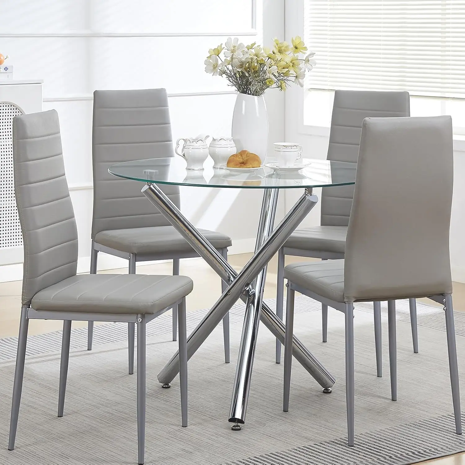

Glass Dining Room Set for 4 Modern Clear Silver Kitchen Table and Faux Leather Grayish Chairs Set Compact 5-Pieces Dining Table