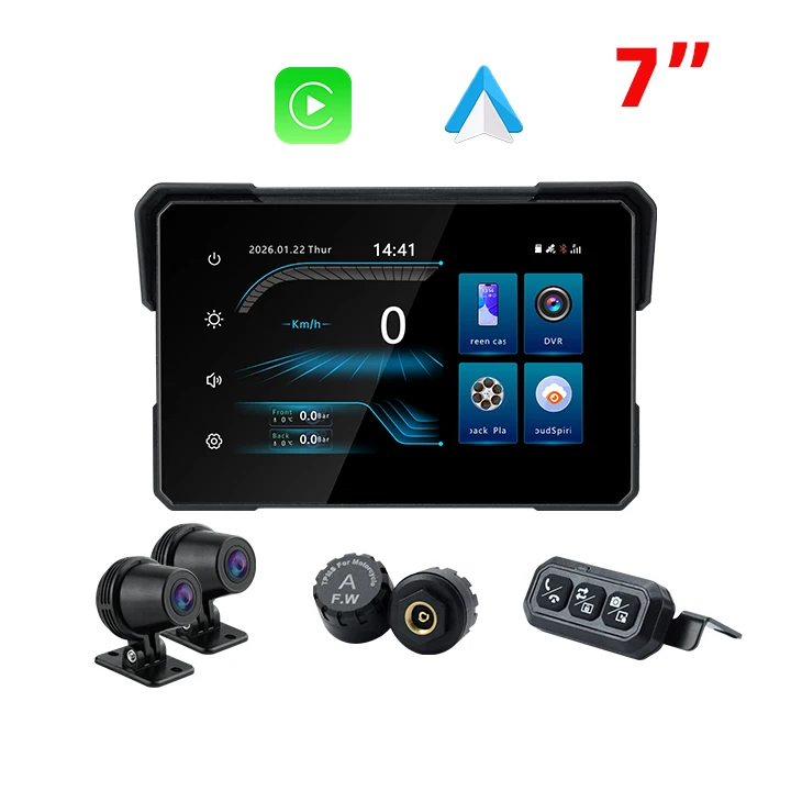 4G Ram+64G Rom Linux EKIY 7Inch Screen Motorcycle Carplay with TPMS/2Ch-DVR/4G Remote Live Streaming/GPS/Parking Monitoring etc.