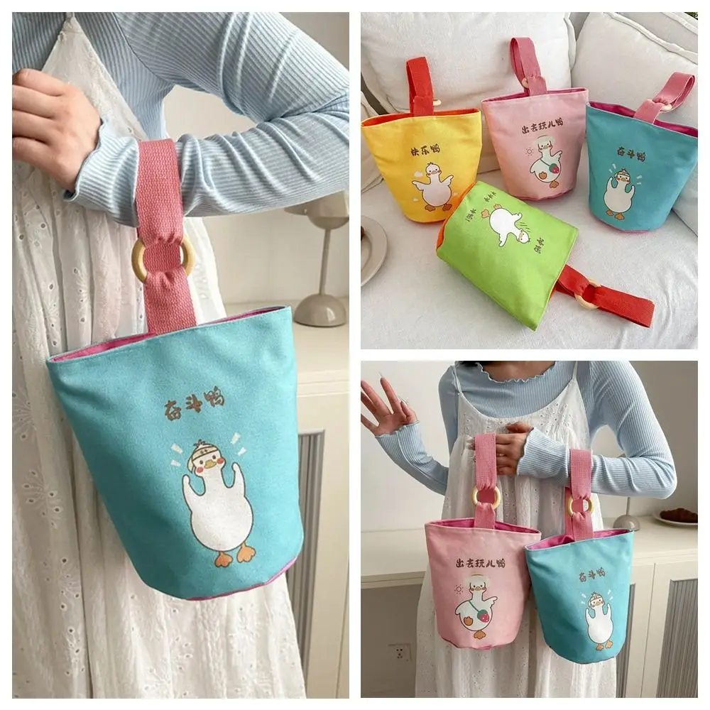 

Elegant Printed Canvas Bucket Bag Large Capacity Duck Cartoon Animal Tote Bag Lunch Bag Korean Style Print Handbag Travel