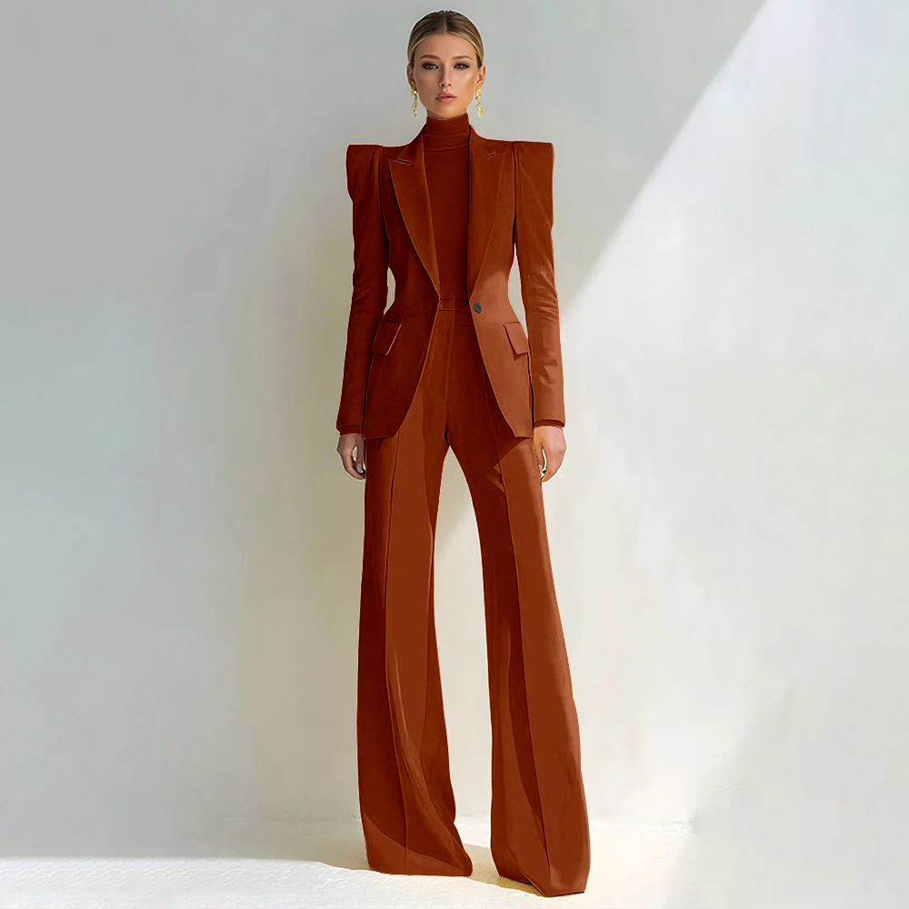 Professionele Dames Rood Pak Piekte Revers Enkele Knop Vrouwelijke Elegante Blazer En Uitlopende Broek 2 Delige Set Formele Kantoorkleding - afbeelding 1