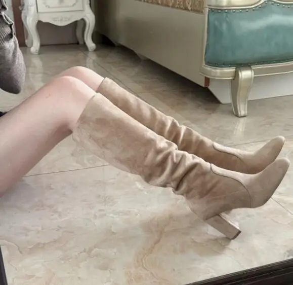 Botas Altas de Tacón Cuadrado de Cuero Genuino Camel, Negro y Caqui con Punta Redonda y Diseño de Patchwork para Mujer - Botas Largas de Fiesta