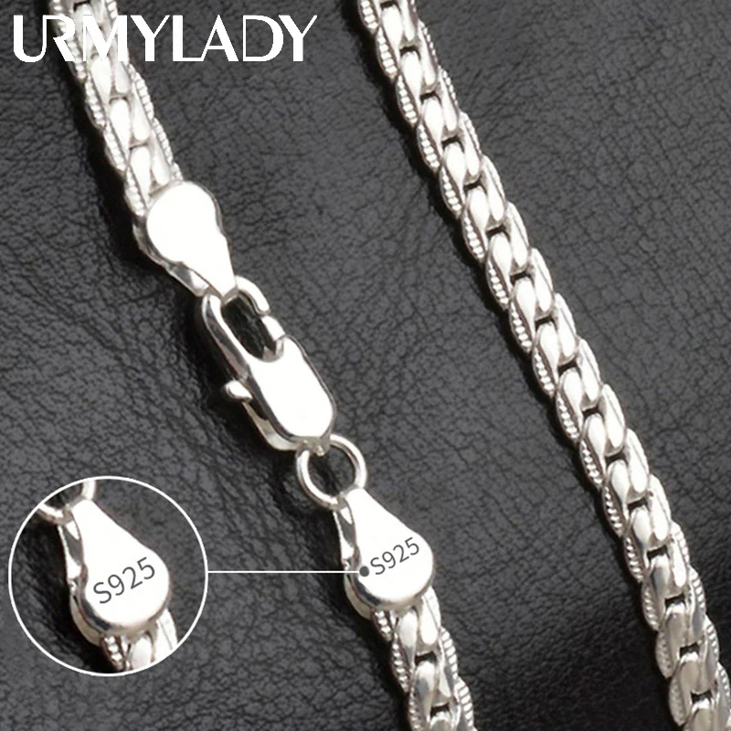 URMYLADY 925 Sterling Silver 2 Piece 6MM Full Sideways Chain Necklace Bracelet For Women Men Fashion Jewelry Sets Wedding Gift