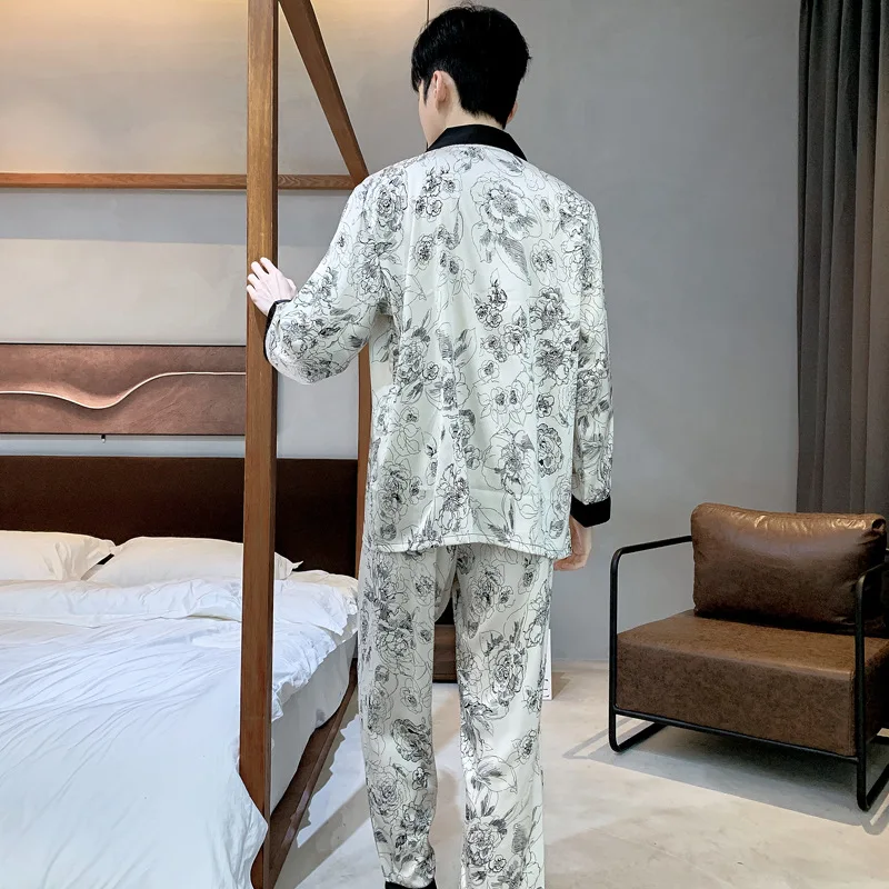 High Quality Satin Printed Pajamas Set Men\'s Nightwear Ice Silk Long Sleeve Loose Thin Teen Home Clothing Wear Suit Male Pyjama