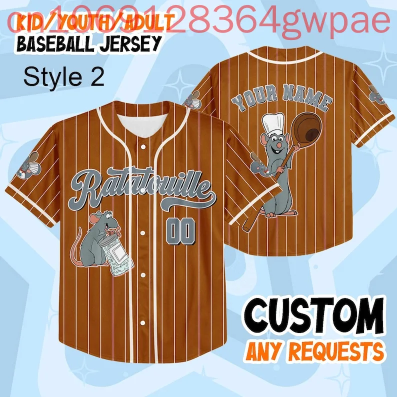 اسم مخصص ديزني راتاتوي ريمي البيسبول جيرسي الرجال النساء الاطفال الصيف قصيرة الأكمام البيسبول قمصان ملابس رياضية غير رسمية #5