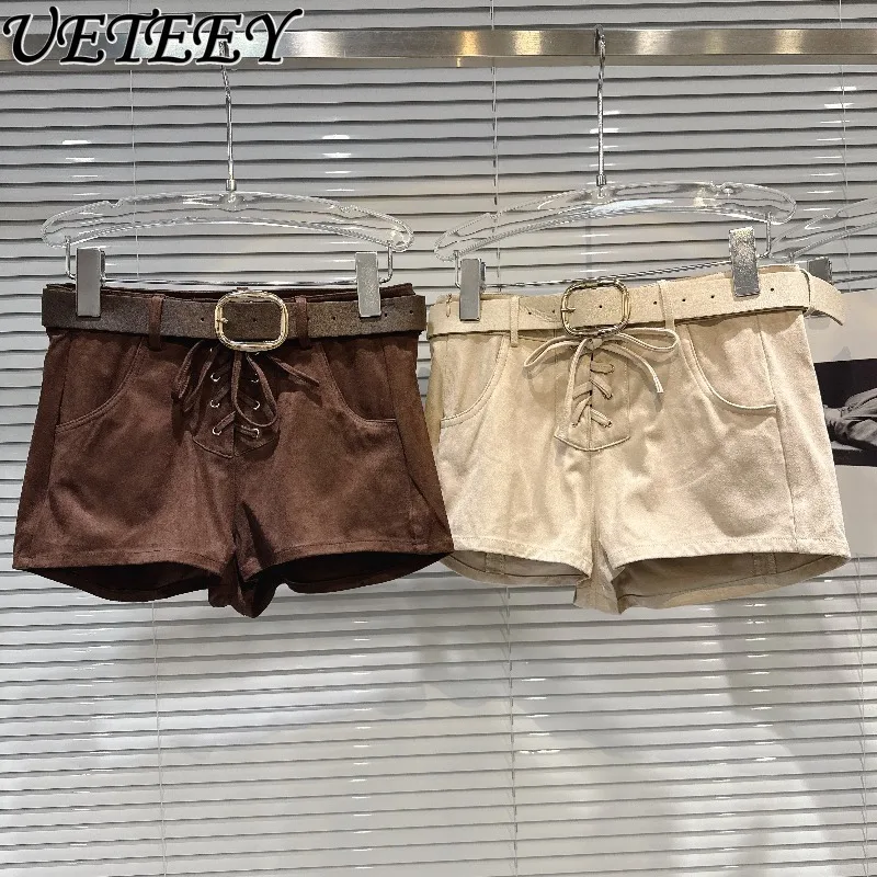 

Осень-зима, новые замшевые мини-шорты на шнуровке в стиле ретро, универсальный пояс для похудения, популярные короткие штаны три четверти для девочек для женщин