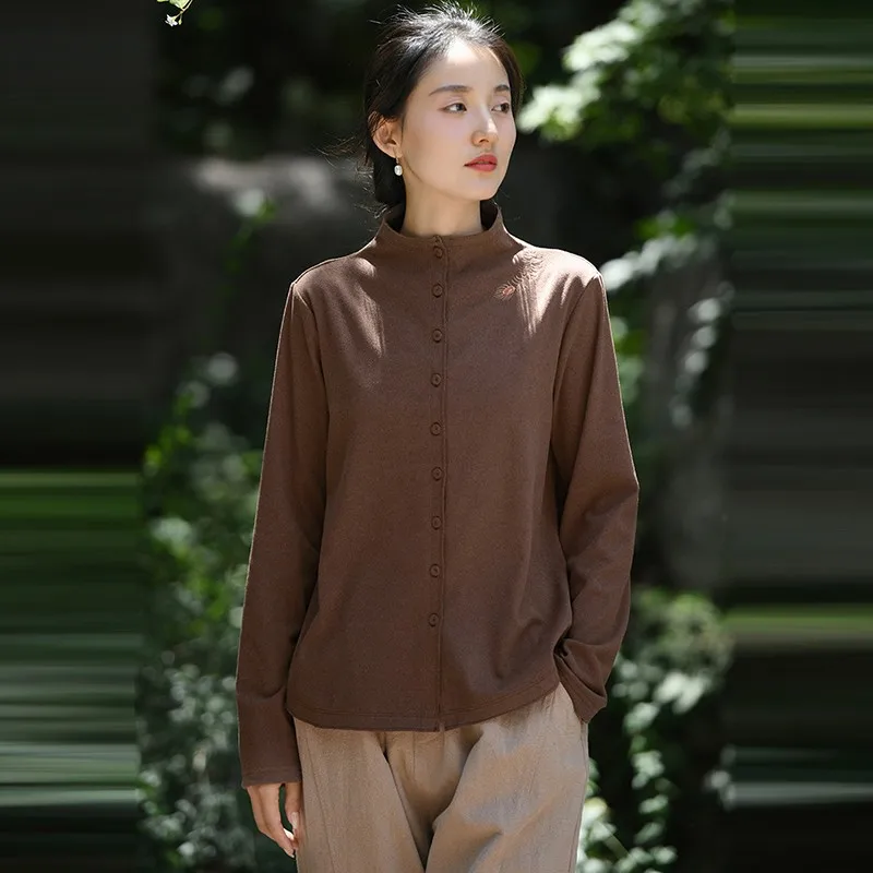 

Women Long Sleeve Casual Shirt New Arrival 2024 Autumn Vintage Style Half High Collar Embroidery Female Basics Tops Shirts M184