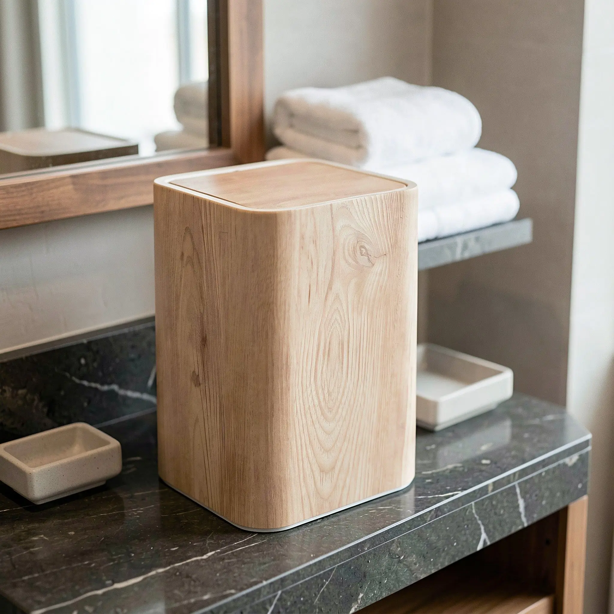 8.5L Wood Grain Trash Can with Lid – Vintage Swing Top, Quiet Closure, Compact for Bedroom, Bathroom, Office