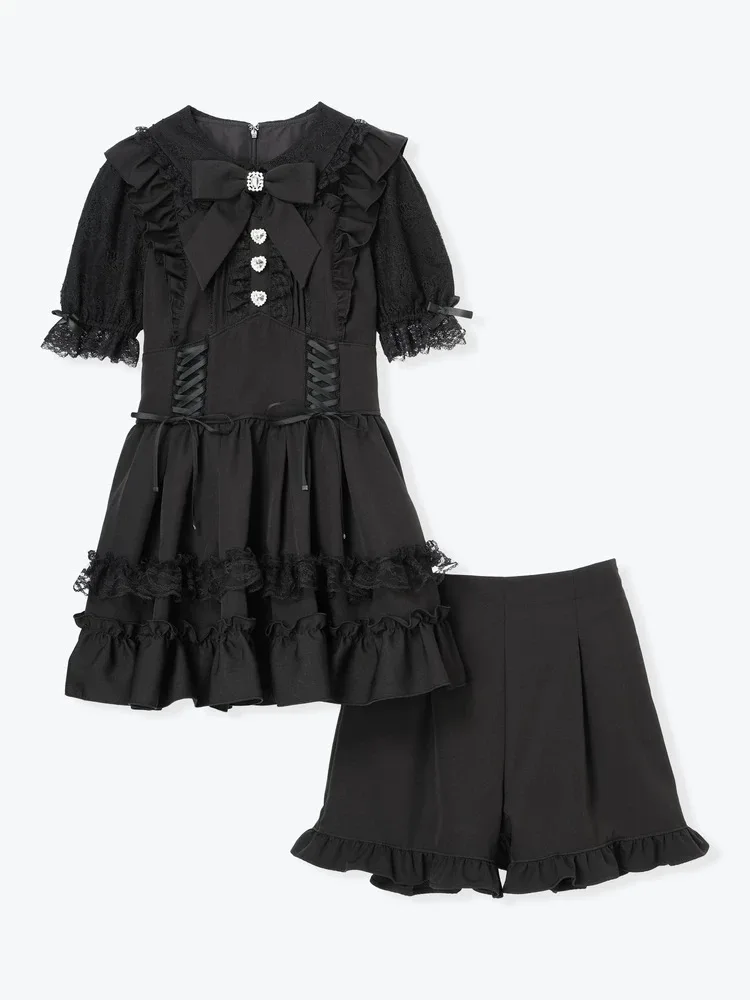 Japanse Mijn Zoete Jurk Set Zomer 2025 Meisjes Vrouw Leuke Boog Kant Schimmel Rand Plaid Top Shorts 2 Delige Set Lolita Outfit