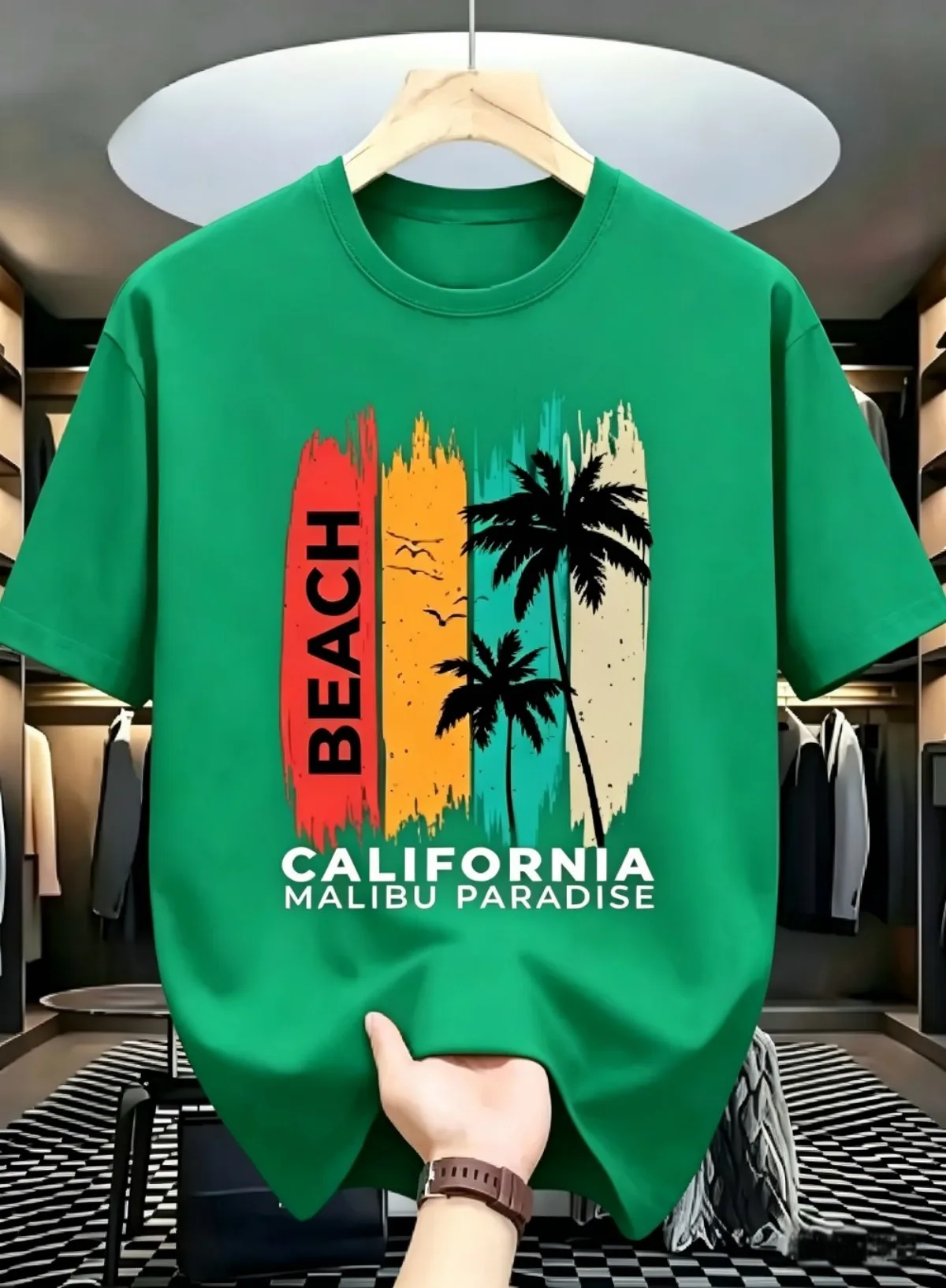 New men's summer beach coconut tree sky scenery print micro elastic breathable round neck T-shirt outdoor leisure vacation top