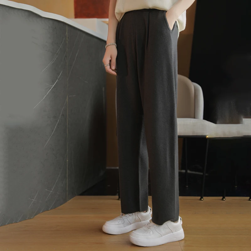 High Waist and Slim Cashmere Knitted Trousers, Casual and Loose, Straight, Autumn and Winter