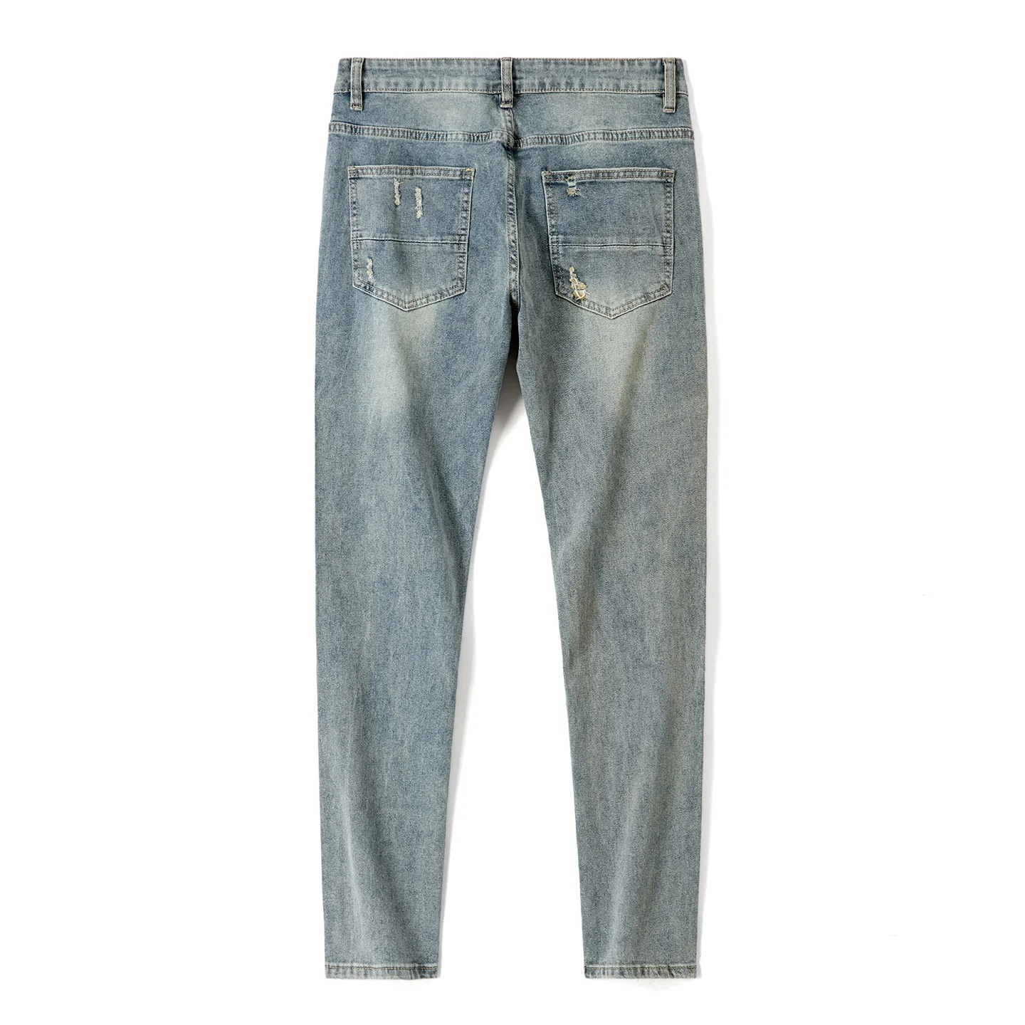 Men's Jeans Straight Fit Destroyed Denim Man Pants Patch Embroidered Stretch Cotton Casual Slim Tapered Vintage