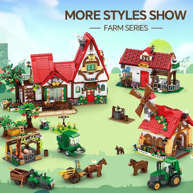 Creative Farm Series Horse Shed Granary Carriage Cattle Ranch Pig Farm Building Blocks Bricks Toys Gifts