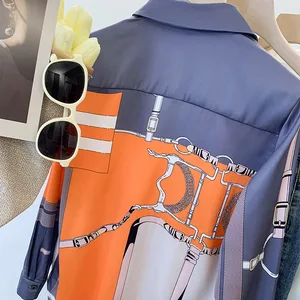 Áo sơ mi lụa dài tay của phụ nữ, quần áo phụ nữ, lụa giả, màu cam và xám, thời trang thanh lịch, thiết kế thương hiệu sang trọng, mùa hè, 2022 12 Quần áo bán hàng chính Orange - 1