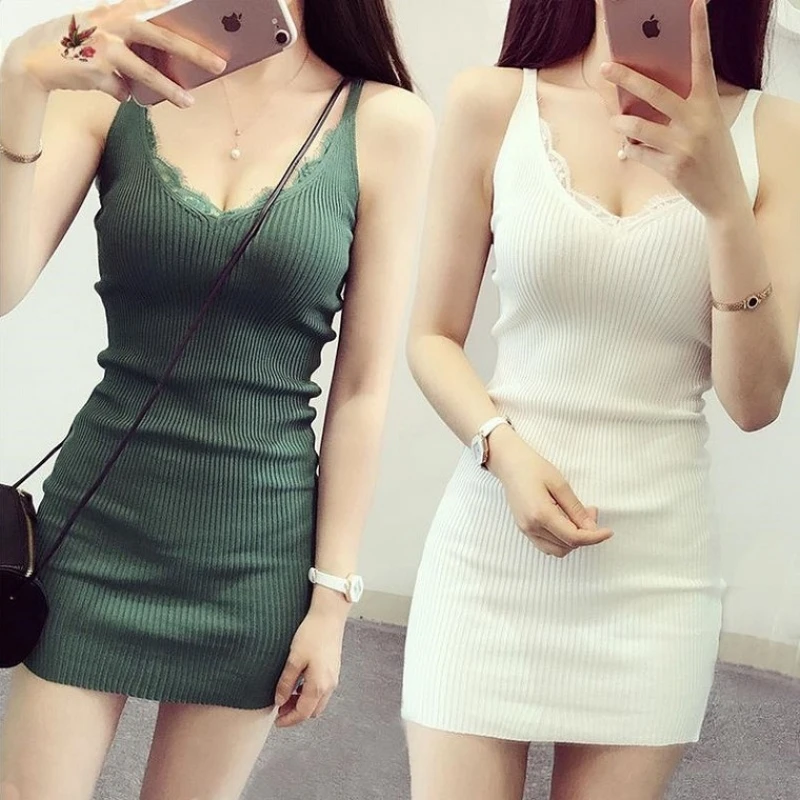 Sommer sexy Mini kleider Mode weiblich elastisch solide lässig Spaghetti träger ärmellose Spitze Kleid Frauen Strickkleider Vestidos